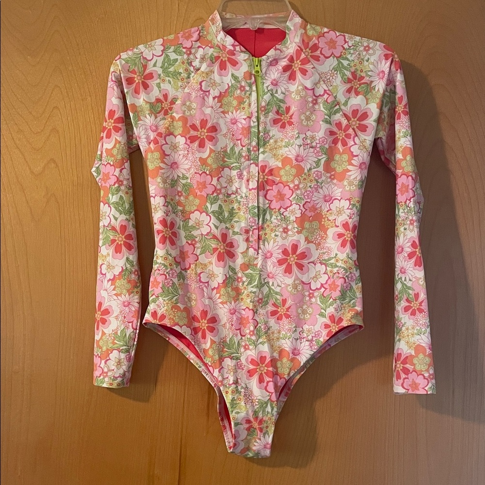 By Jolyn the Paloma Long Sleeve Zip Up Floral Surf One Piece Medium